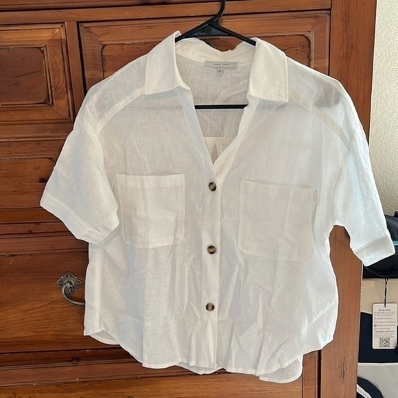 NWOT White Linen Short Sleeve Double Pocketed Collared Top, Size Small. - Picture 1 of 6
